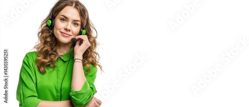 Obraz na płótnie A woman in a vibrant green shirt poses confidently, showcasing a cheerful expression and playful accessories. w salonie