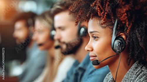 Obraz na płótnie Professional team members engaged in customer service, focused on communication with headsets in a modern office environment. w salonie