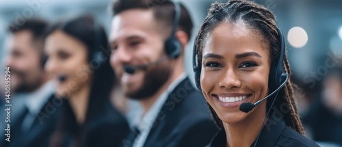 Obraz na płótnie Smiling call center employee wearing a headset, with colleagues in the background, showcasing a friendly work environment. w salonie