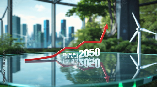 A 3d stock market graph on the screen shows business growth with an up arrow, illustrating financial success and investment profit