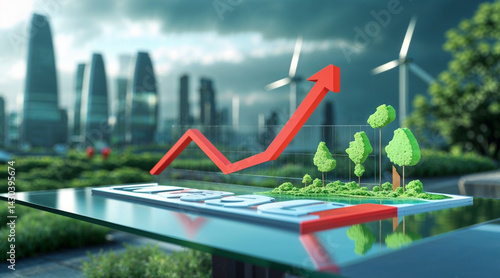 A red stock market chart illustrates financial growth with an upward trending arrow in a 3D business diagram