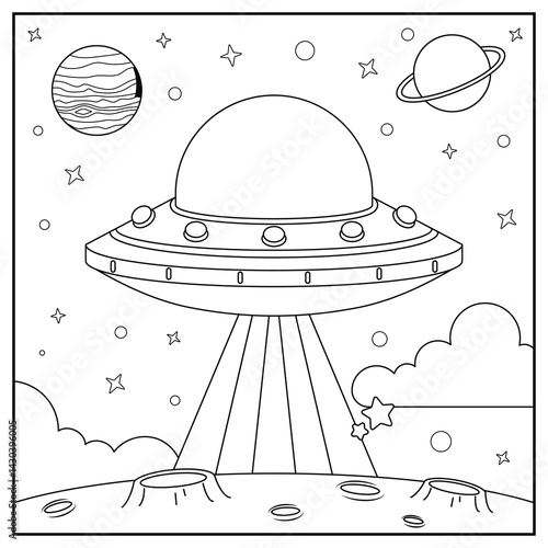 Ufo in space. Black and white vector illustration for coloring book.