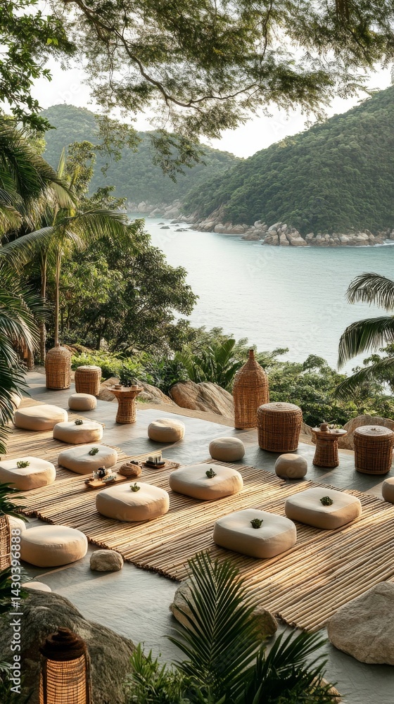 Fototapeta premium A serene digital wellness retreat offers a peaceful escape, focusing on mindfulness and digital detox in a natural setting