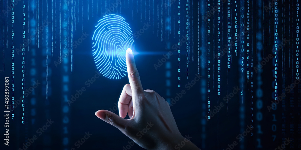 A hand is pointing to a fingerprint on a blue background