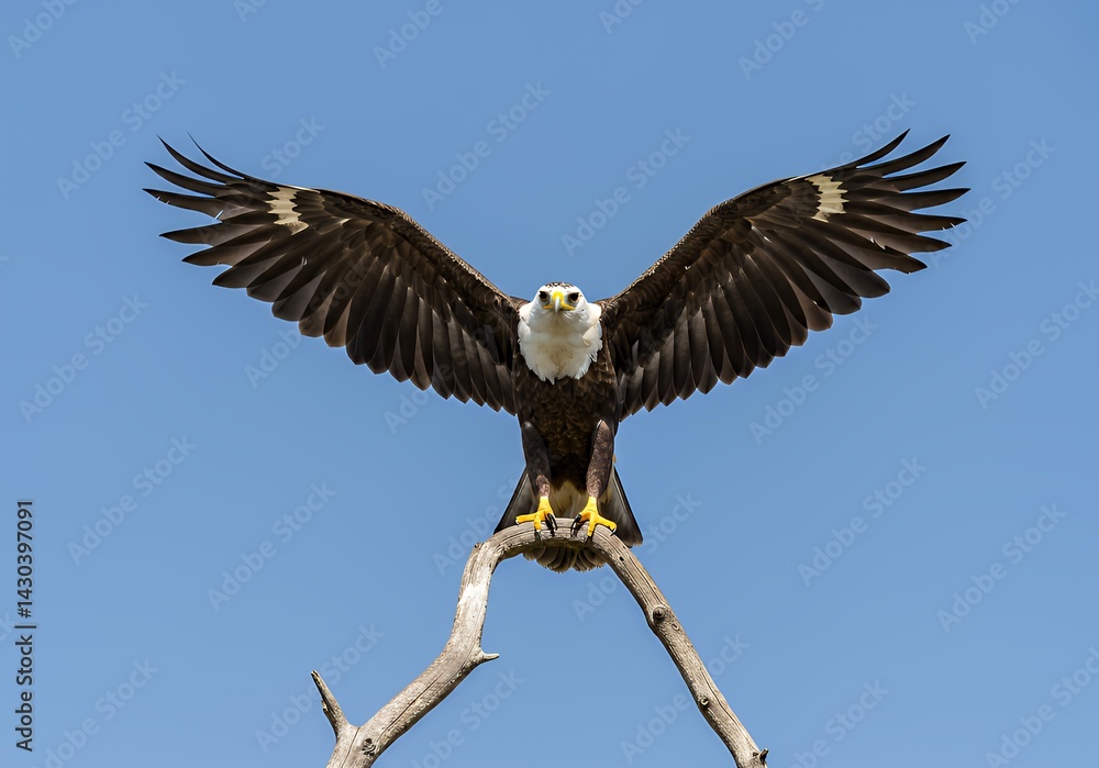 Obraz premium Majestic White Bellied Sea Eagle Perched on Branch with Wings Spread Wide