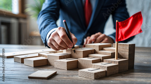 A businessman's hands hold a chessboard and piece near a wooden box on an office desk