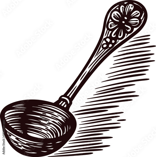 Ornate vintage ladle with floral design and wooden handle in black and white engraving.