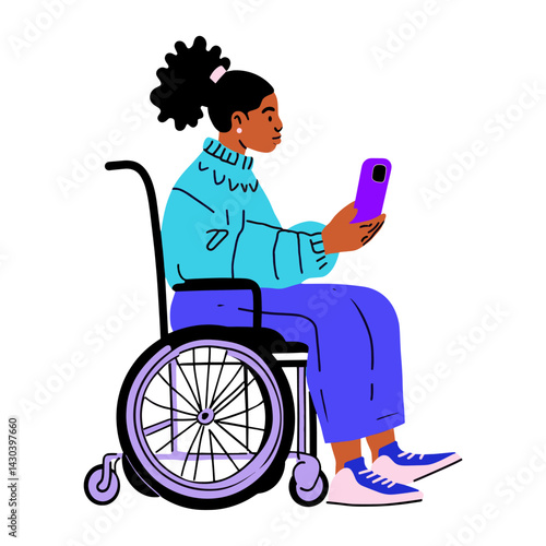 Girl sitting on wheelchair illustration smartphone sneakers vector