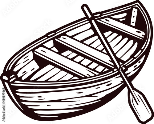 Vintage rowboat with single oar illustrated in black and white on white background