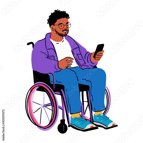 Man sitting on wheelchair illustration smartphone glasses vector