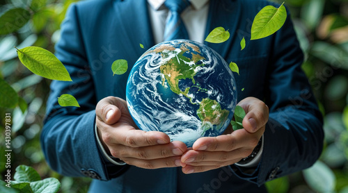 Hands holding the blue globe symbolize global care to save our planet's environment