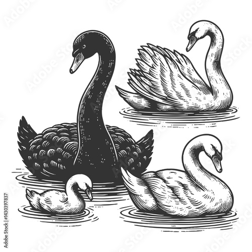 black swan surrounded by white swans, representing an outlier, rarity, or unexpected disruptive force sketch engraving generative ai raster illustration. Scratch board imitation. Black and white image