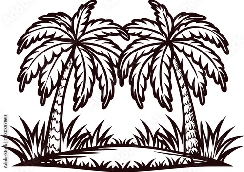 Island oasis with twin palm trees and verdant foliage.