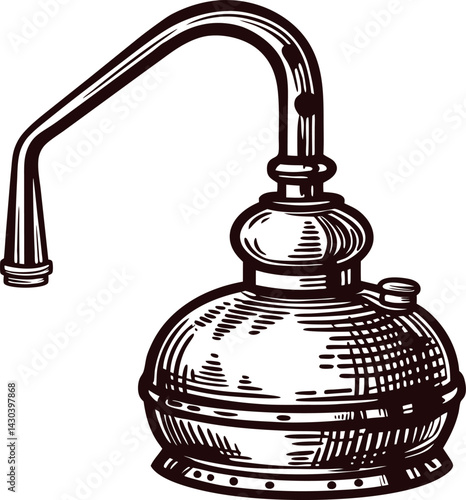 Vintage distillation apparatus detailed line art of a classic alembic still for spirit production.