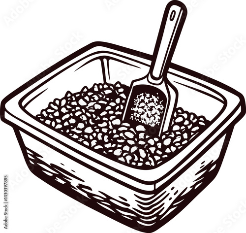 Litter box with scoop in simple line art.