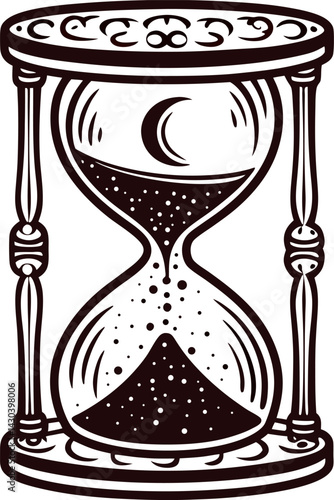 Vintage hourglass with celestial motif and sand accumulation inside wooden frame