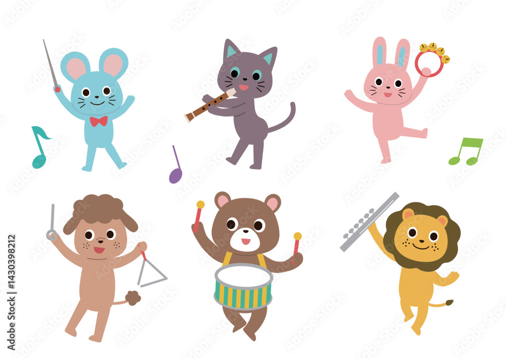 楽器を演奏しているかわいい動物たちのイラストセット 楽器を演奏しているかわいい動物たちのイラストセット
