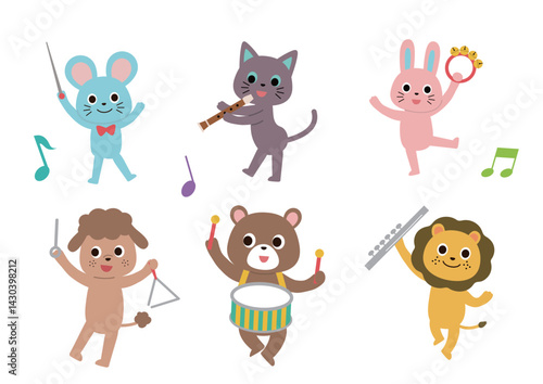 楽器を演奏しているかわいい動物たちのイラストセット