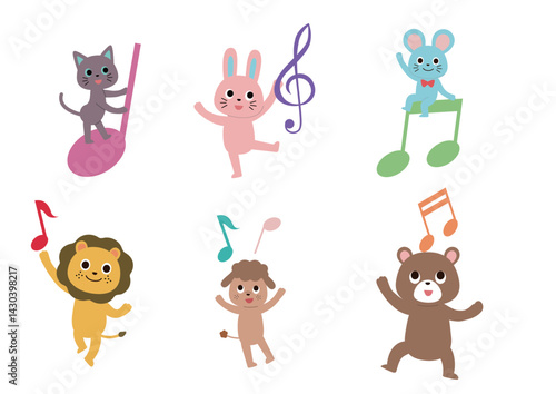 音符と遊ぶかわいい動物たちのイラストセット