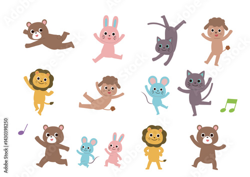 いろんなポーズをしている可愛い動物のイラストセット