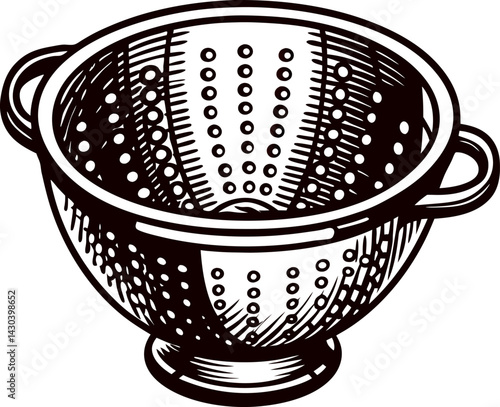 Vintage metal colander with perforated design and handles in black and white