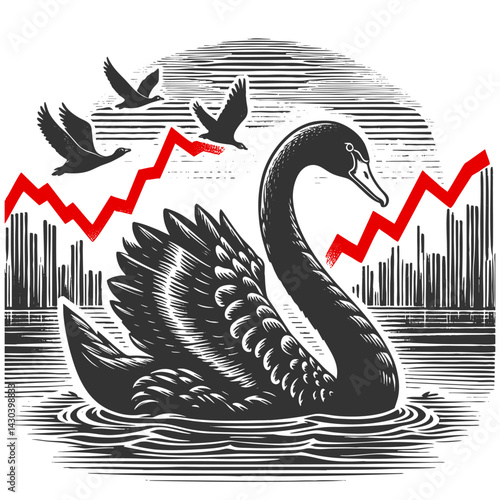 black swan flapping in turbulent waters with rising and falling red stock charts, symbolizing unpredictable market disruptions sketch engraving generative ai vector illustration. Black and white.
