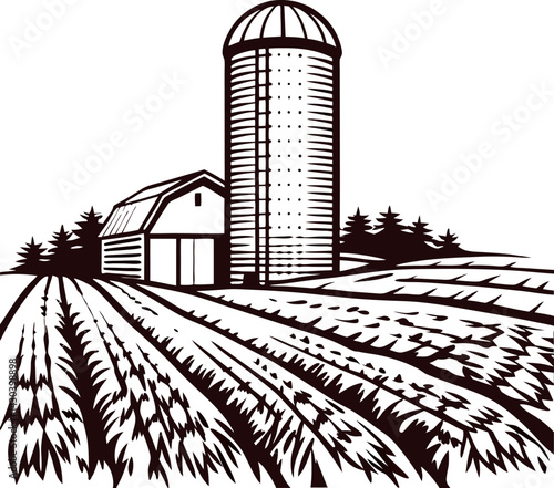 Rural farm landscape with barn and silo in black and white.