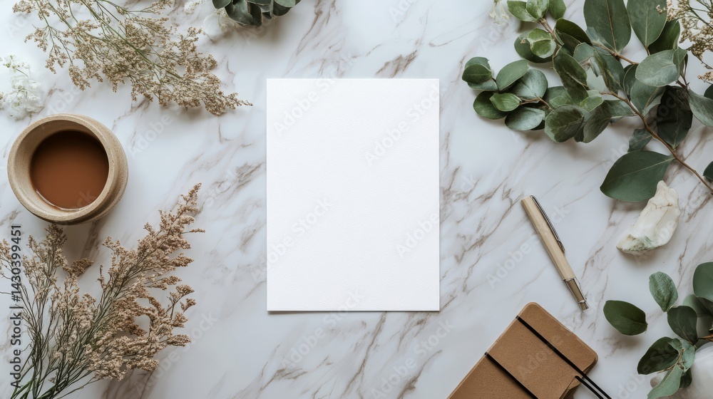 Blank Paper Mockup with Greenery and Coffee on Marble Blank Paper Mockup with Greenery and Coffee on Marble