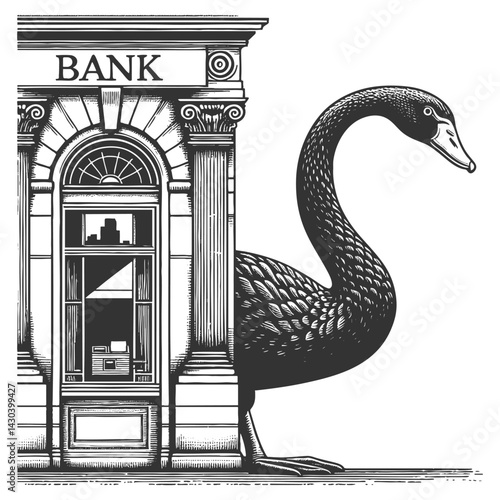 giant black swan next to a classical bank building, symbolizing rare and catastrophic financial events sketch engraving generative ai vector illustration. Scratch board imitation. Black and white.