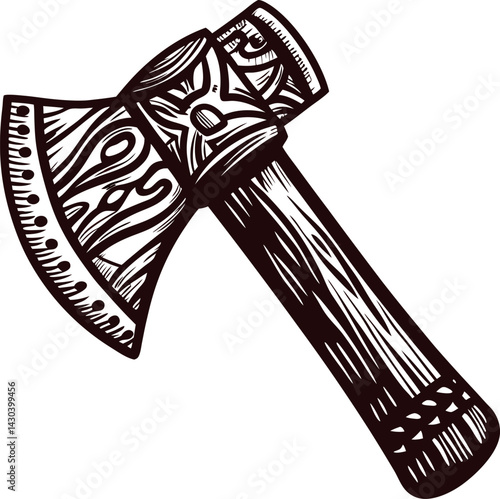 Intricately carved axe with wooden handle displaying ornate patterns
