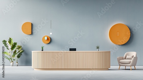 Modern reception area with wood desk, orange decor, plants, and beige armchair