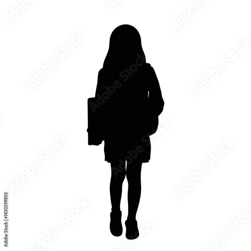 A black and white silhouette of a girl walking while holding a book with a backpack