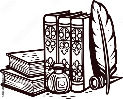 Antique books and inkwell with quill pen