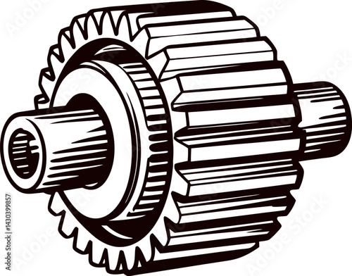 Detailed of a mechanical gear with interlocking teeth design in black and white