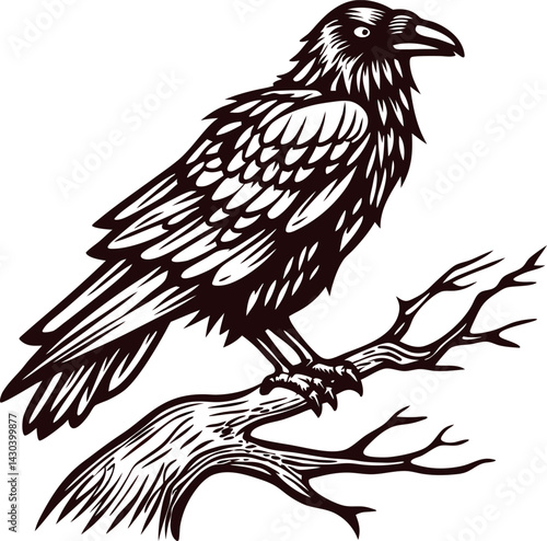 Detailed of a raven perched on a branch