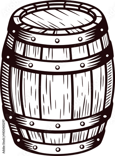Sketch of a wooden barrel with iron bands on white background