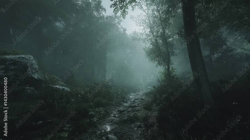 Obraz premium Dark Forest Path In Foggy Rain
