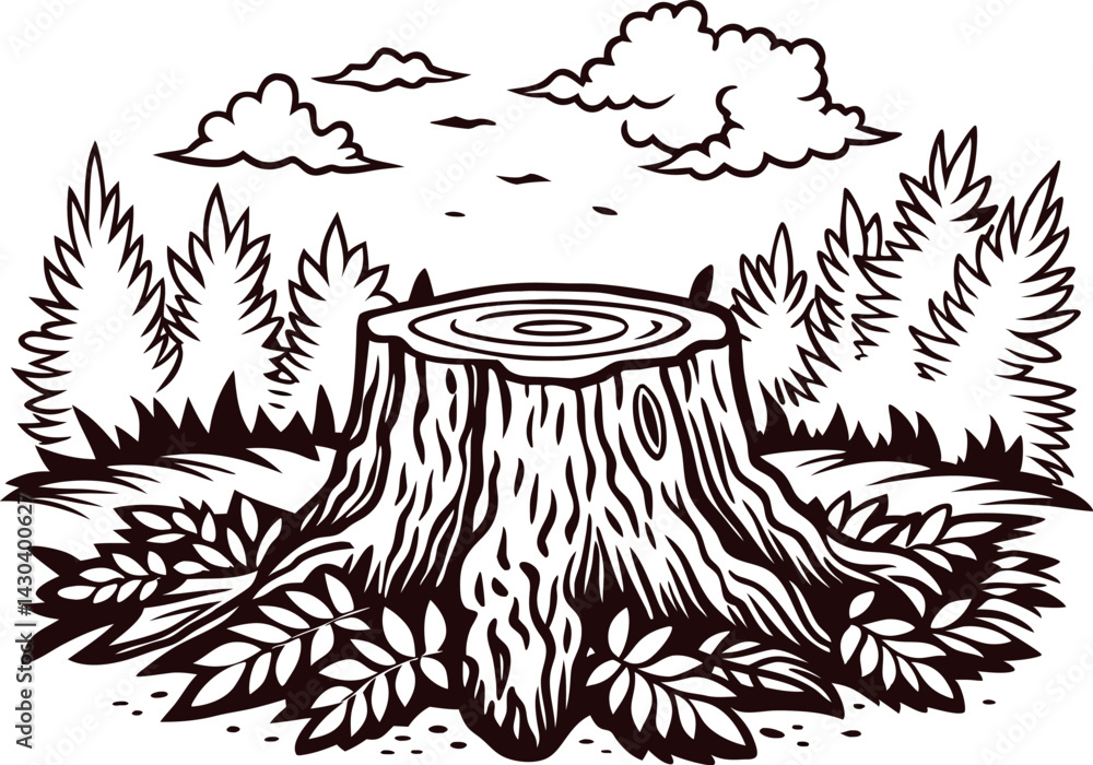 Fototapeta premium Nature scene with tree stump and forest landscape in black and white.