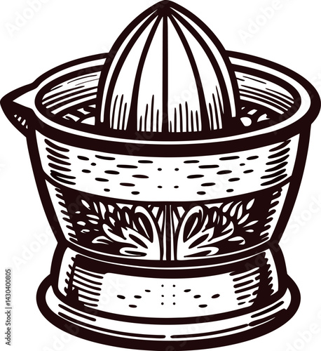 Vintage citrus juicer with ornate detailing in black and white engraving.