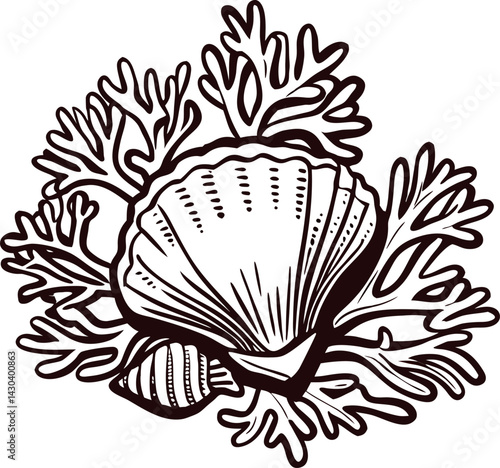 Seashell and coral in detailed monochrome design.