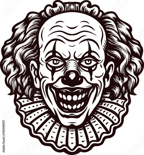 Creepy clown with detailed face and ruffled collar.