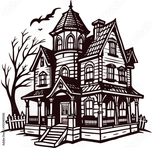 Gothic haunted house with bats and bare tree silhouette.