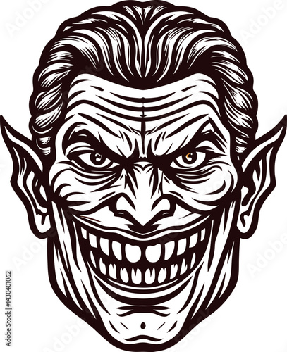 Sinister grinning villain head with sharp features and menacing expression.