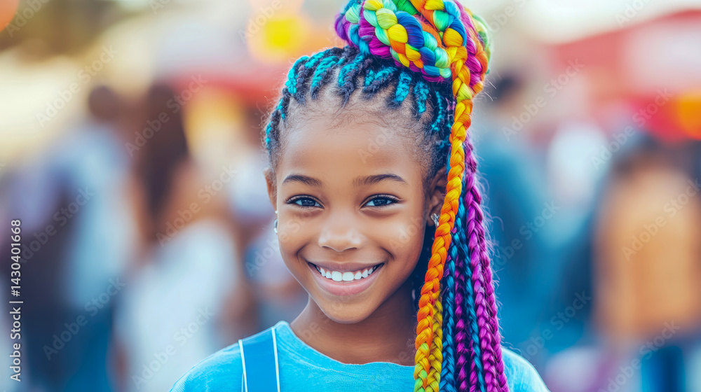 Fototapeta premium Vibrant Braids: A colorful portrait of a smiling girl with braided hair.