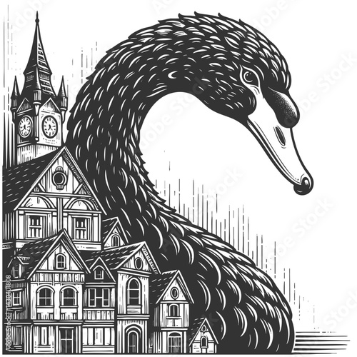 giant black swan looming over a European-style cityscape, symbolizing rare and disruptive events sketch engraving generative ai vector illustration. Scratch board imitation. Black and white image.