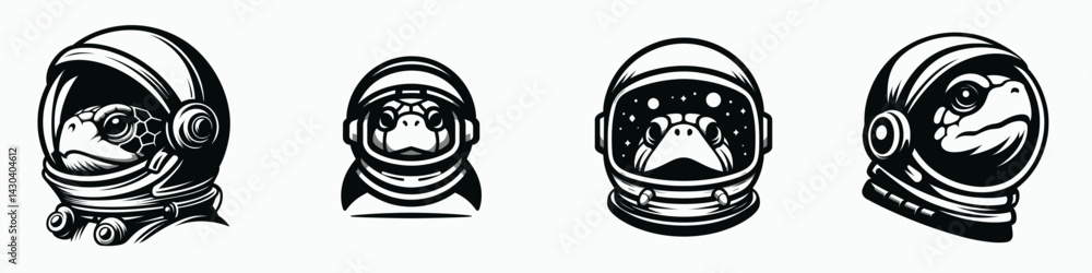 Fototapeta premium Turtle head with astronaut helmet. Space suit universe galaxy cartoon clipart. reptile helmeted voyager adventure journey.
