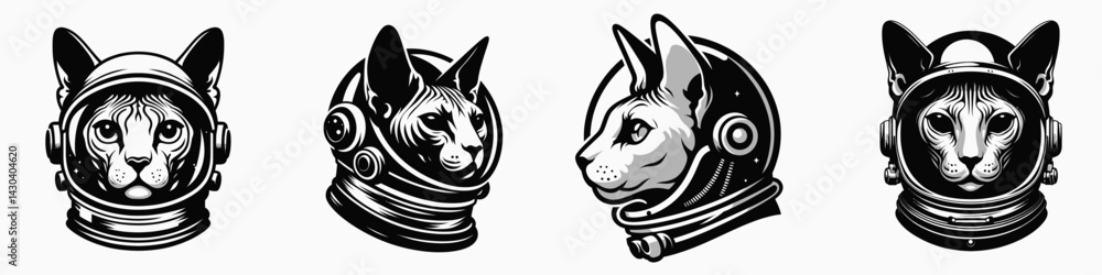 Fototapeta premium Sphynx Cat head with astronaut helmet. Space suit universe galaxy cartoon clipart. Hairless feline cranium in gear celestial voyage.