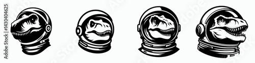 T rex head with astronaut helmet. Space suit universe galaxy cartoon clipart. Dino cranium clad in spaceman protective headgear.