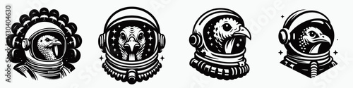 Turkey head with astronaut helmet. Space suit universe galaxy cartoon clipart. Fowl cranium inside cosmic explorer gear feathered avian dome.