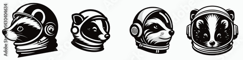 Skunk head with astronaut helmet. Space suit universe galaxy cartoon clipart. in cosmonaut gear exploration animal portrait.